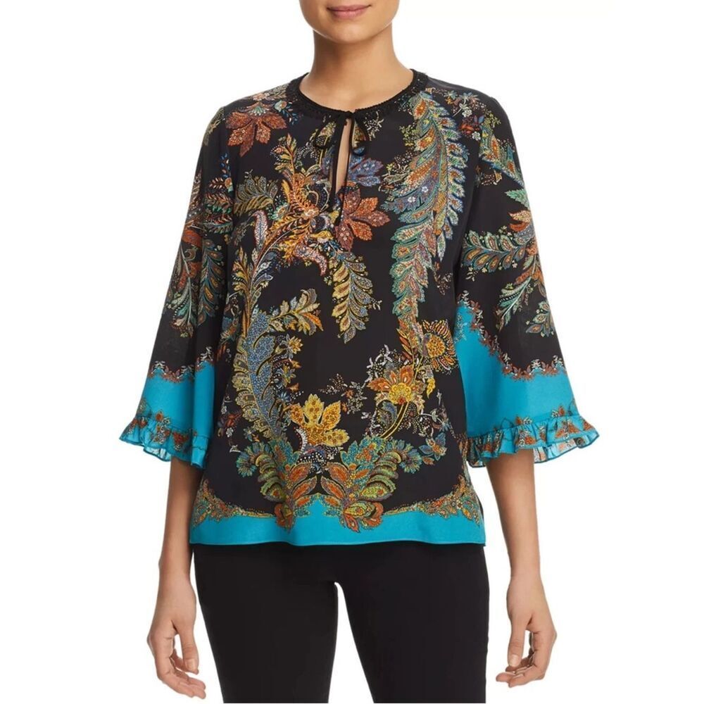 Kobi Halperin Black Helen Floral Paisley Print Silk Top XS Cocktail Chic Office